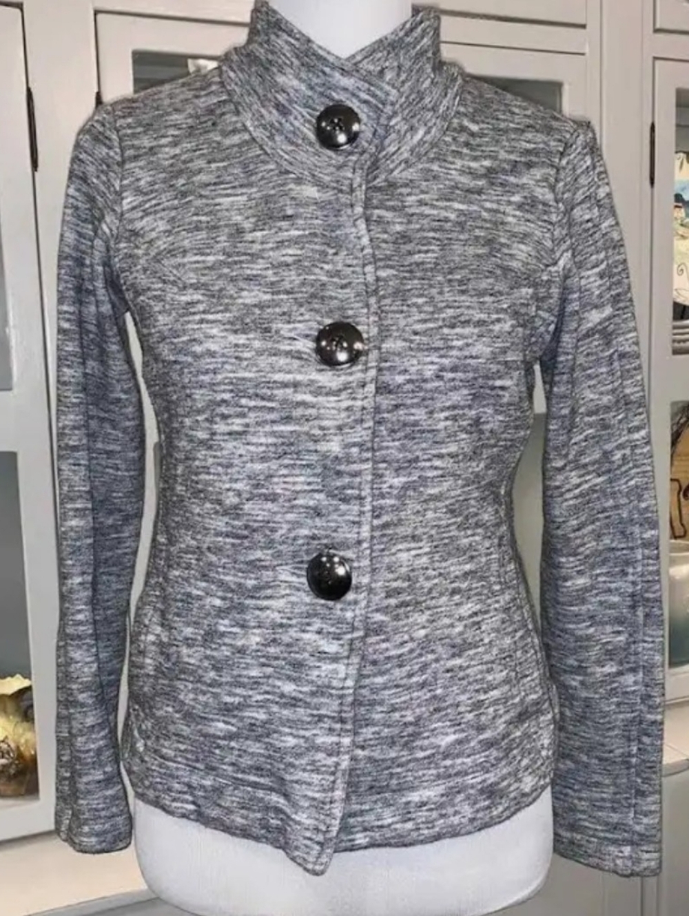 Cabi Contemporary Gray Fleece Lined Soft Button Down High Low Jacket sz Small